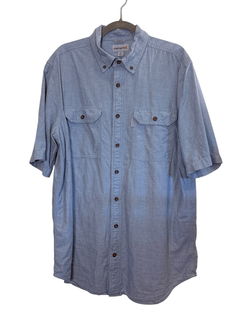Carhartt Men’s Short Sleeve Cotton Button-Down Shirt Light Blue Chambray Sz L